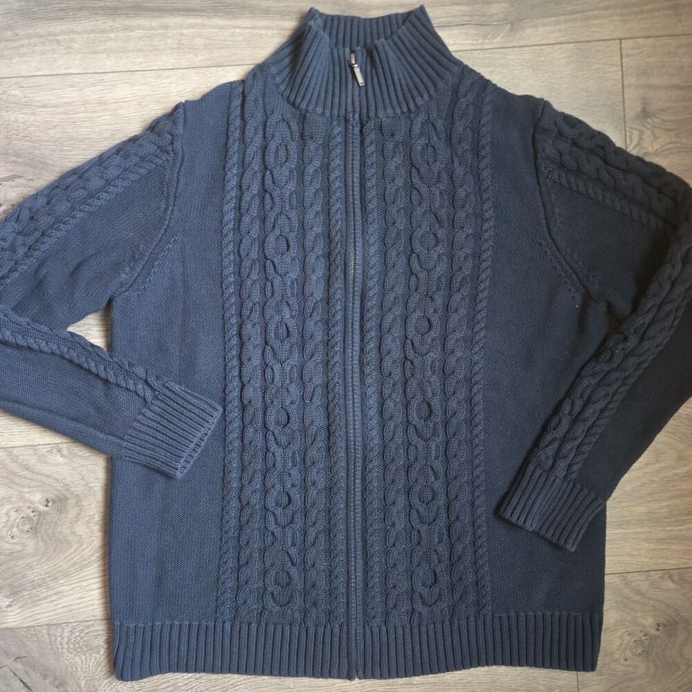 LL Bean Womens XL Navy Blue Cotton Cable Knit Full Zip Mock Neck Sweater Jacket